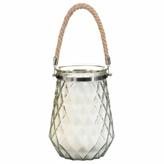 B&M Large Faceted Glass Candle With Rope Handle - Cream - Image 2